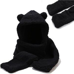 Unisex Black Winter Bear Ear Sherpa Hood Hat Scarf Gloves 3 in1 100% Polyester